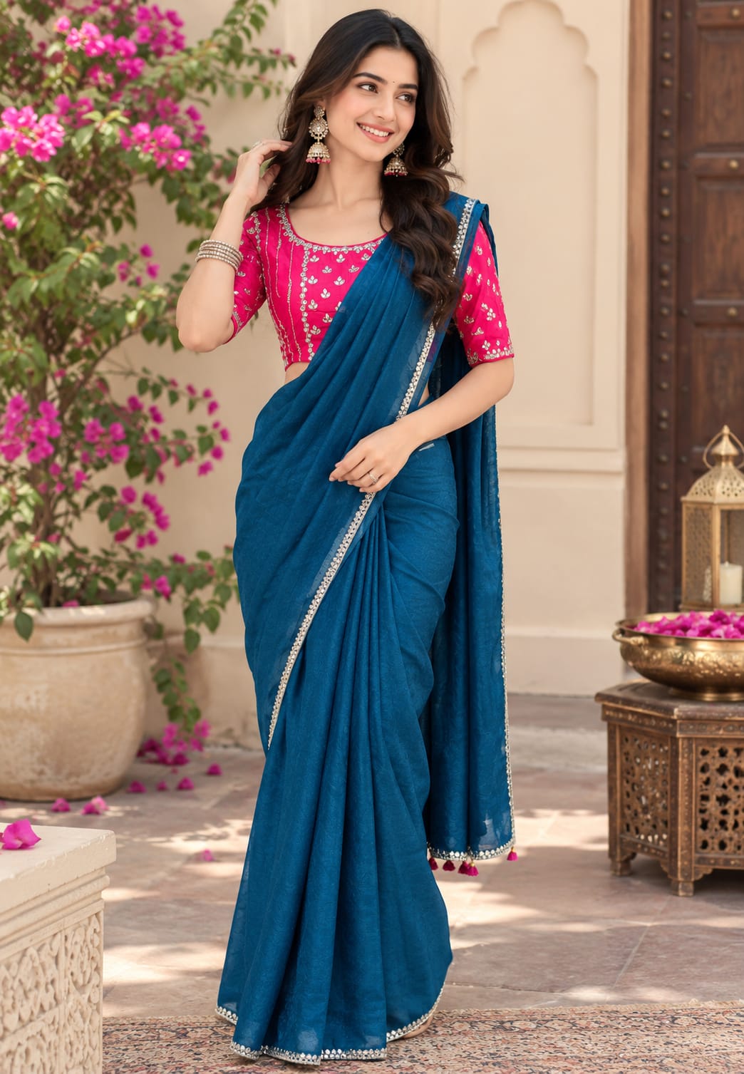 Rich Mirror Work Placement Embroidery Heavy Stitched Blouse With Contrasted Tone Saree- 16051