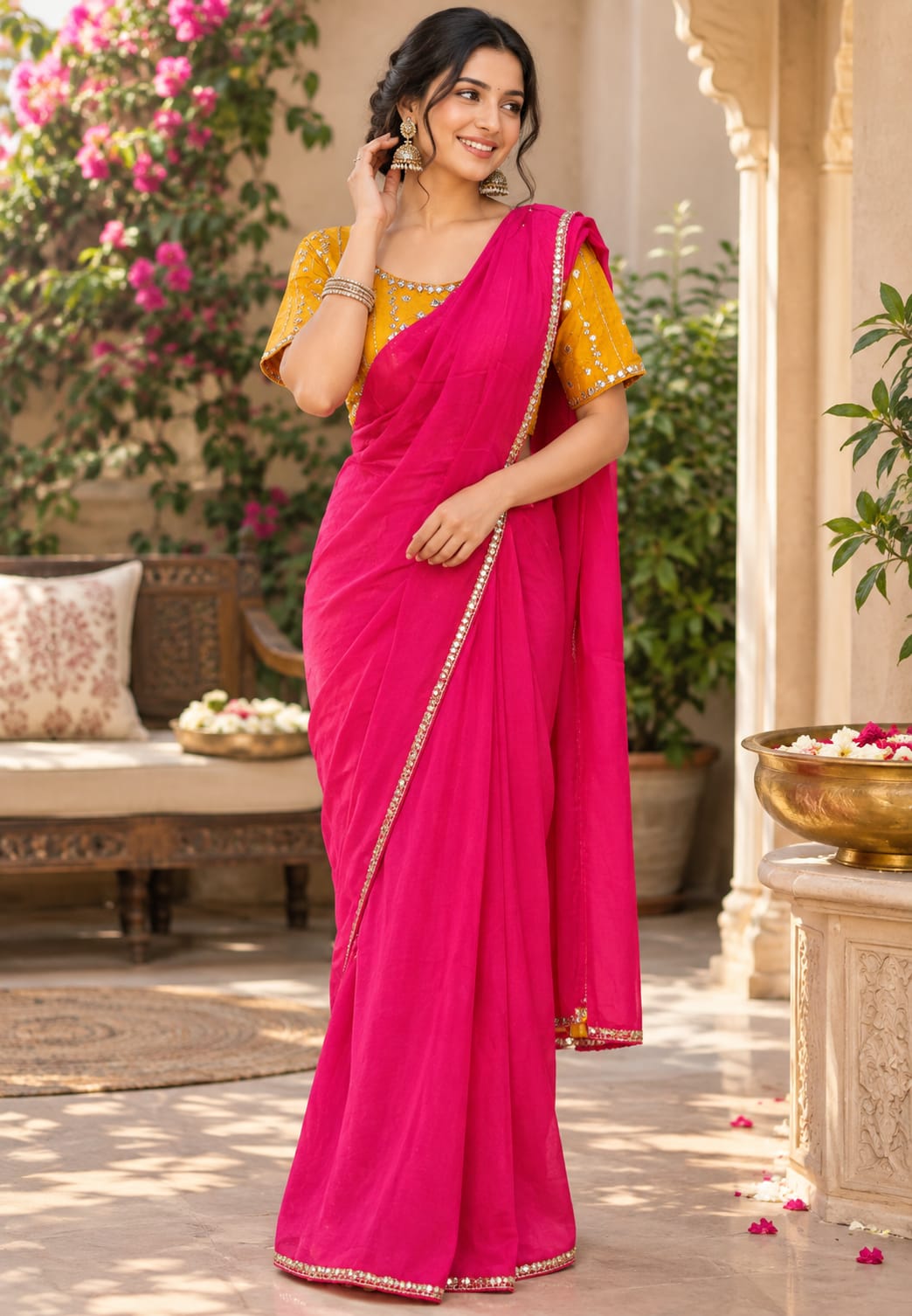 Rich Mirror Work Placement Embroidery Heavy Stitched Blouse With Contrasted Tone Saree- 16051