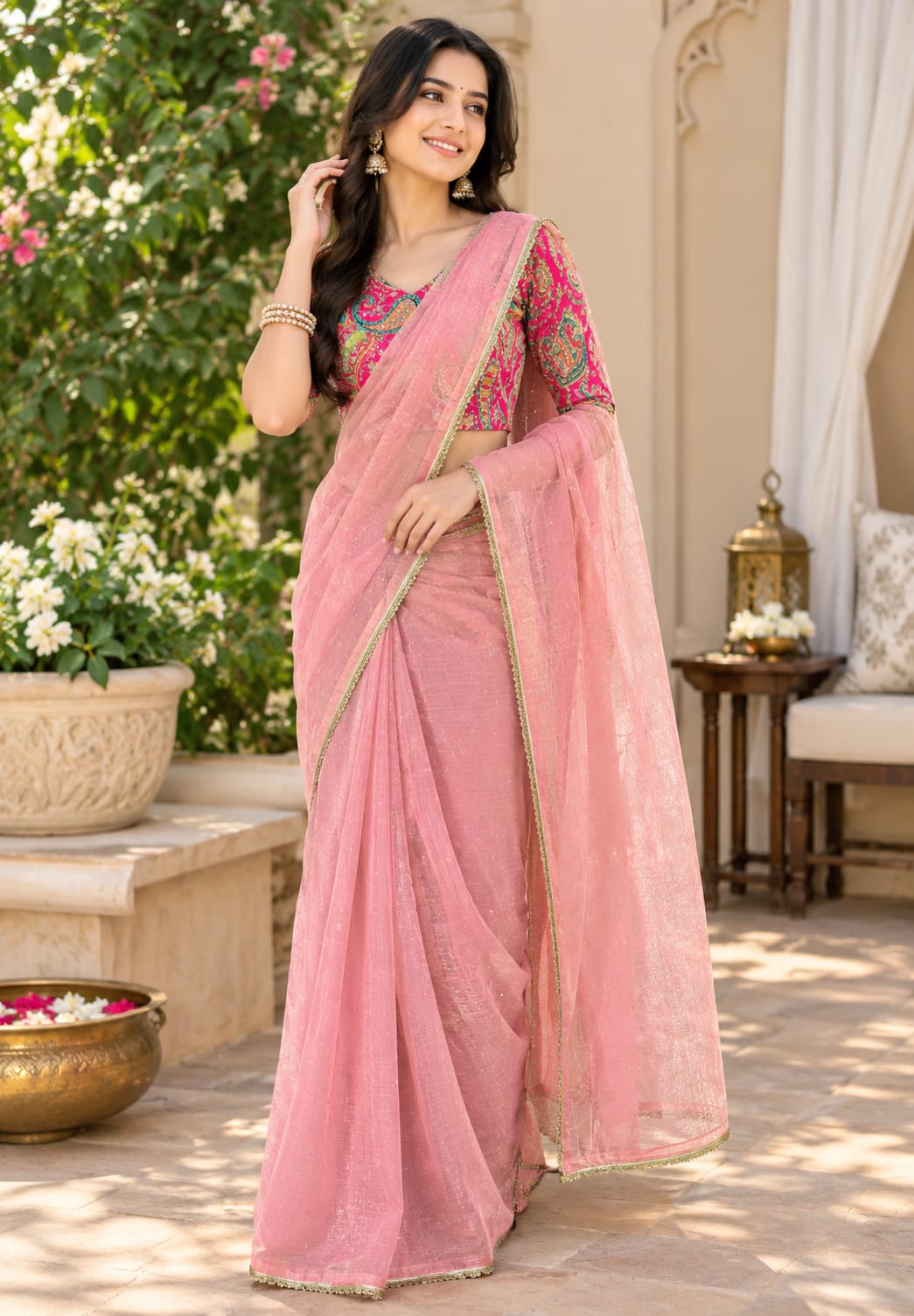 Multicolor Mango Buti Print With Sequin Highlights Stitched Blouse & Tissue Bordered Shimmer Saree- 16053