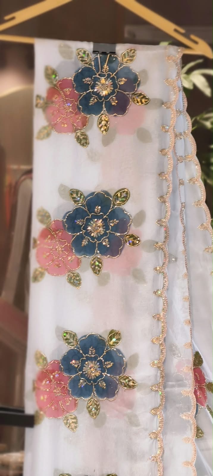 Organza Dupatta with Multicolor Floral Patch Work & Scalloped Border- 16394