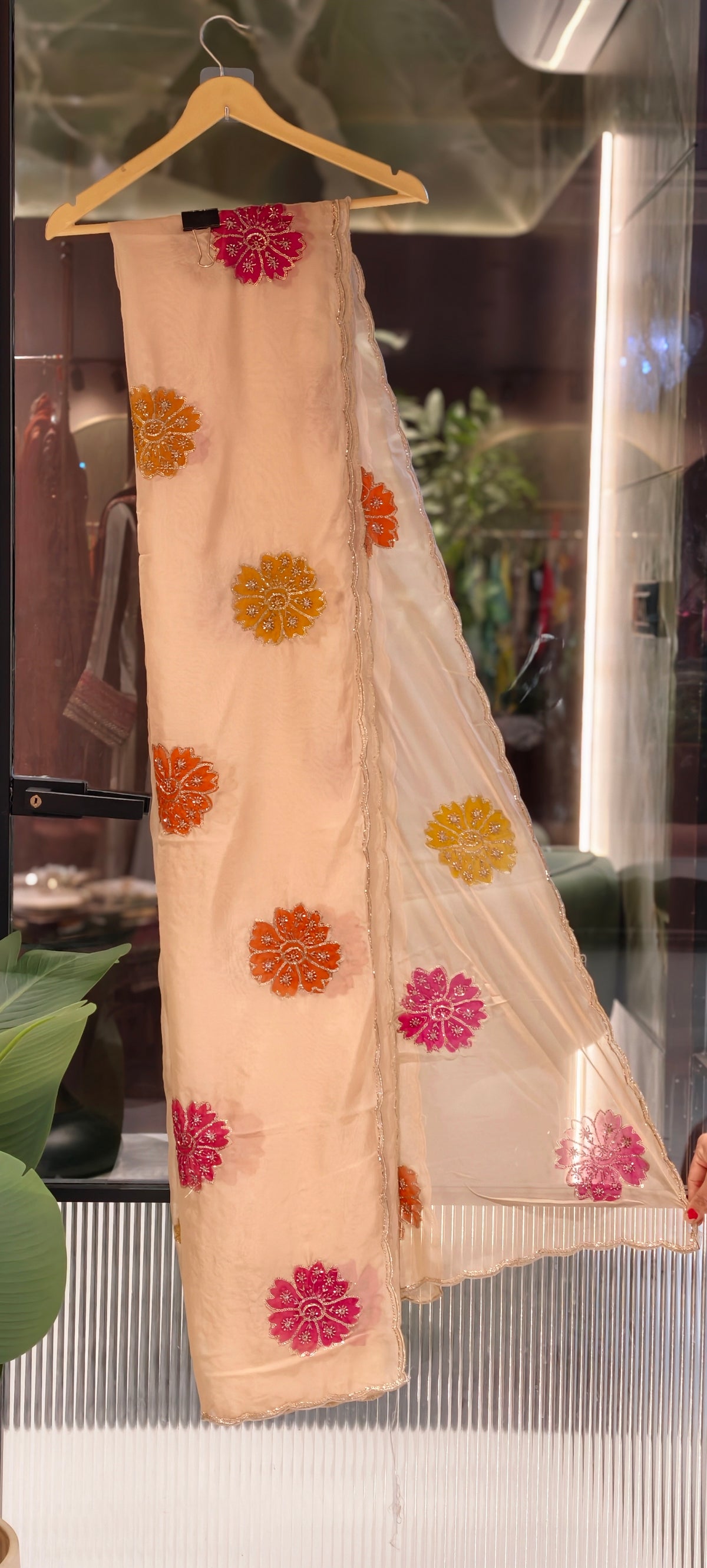 Soft-Tone Organza Dupatta with Multicolor Embroidered Floral Motifs- 16393