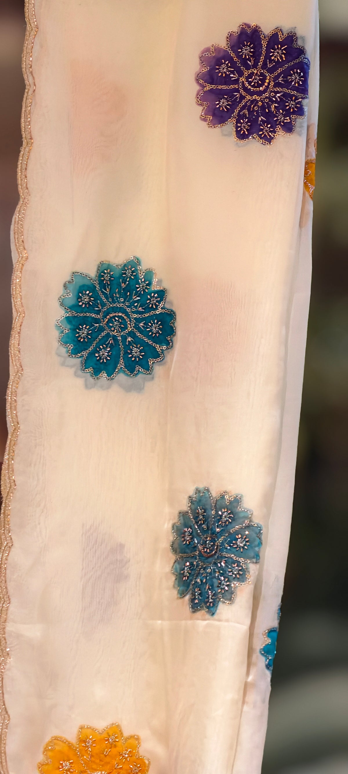 Soft-Tone Organza Dupatta with Multicolor Embroidered Floral Motifs- 16393