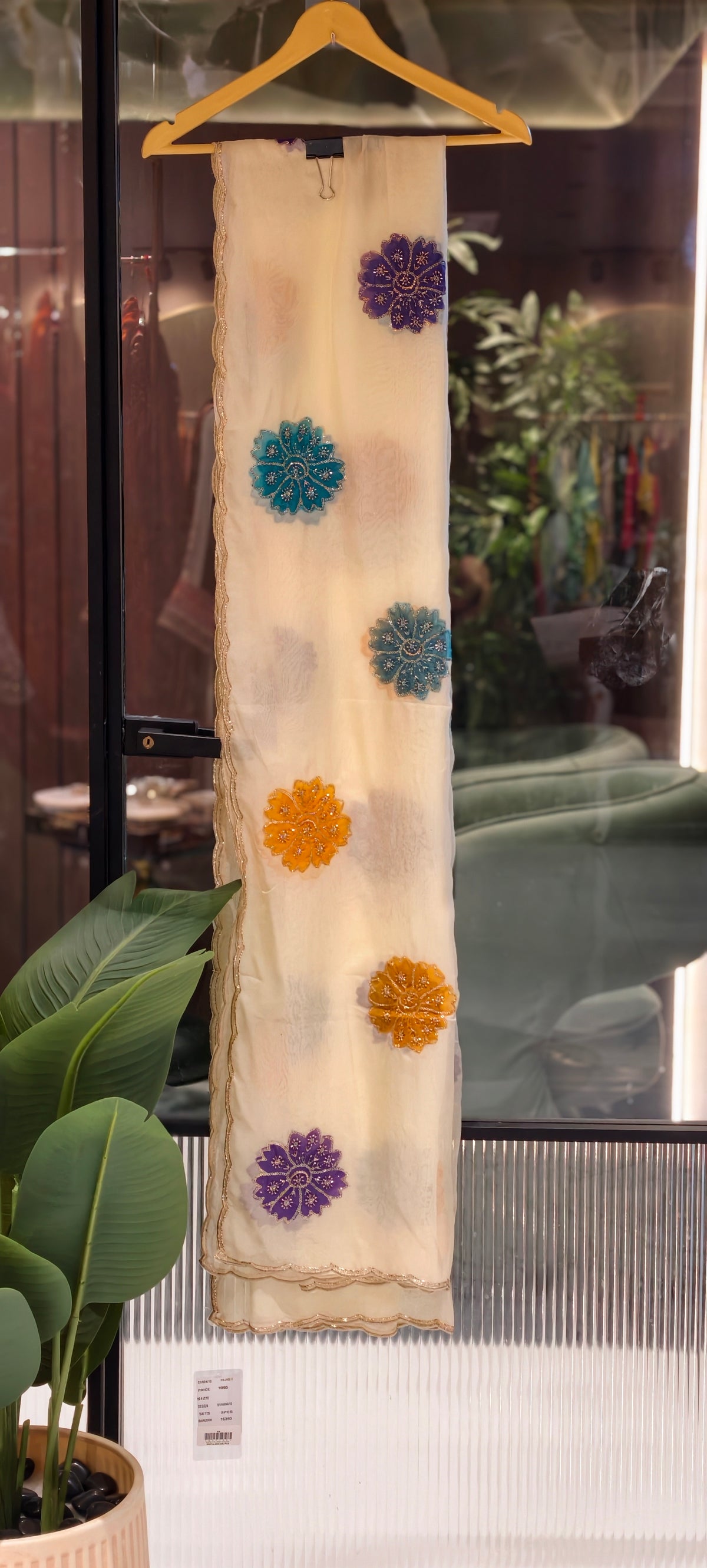 Soft-Tone Organza Dupatta with Multicolor Embroidered Floral Motifs- 16393