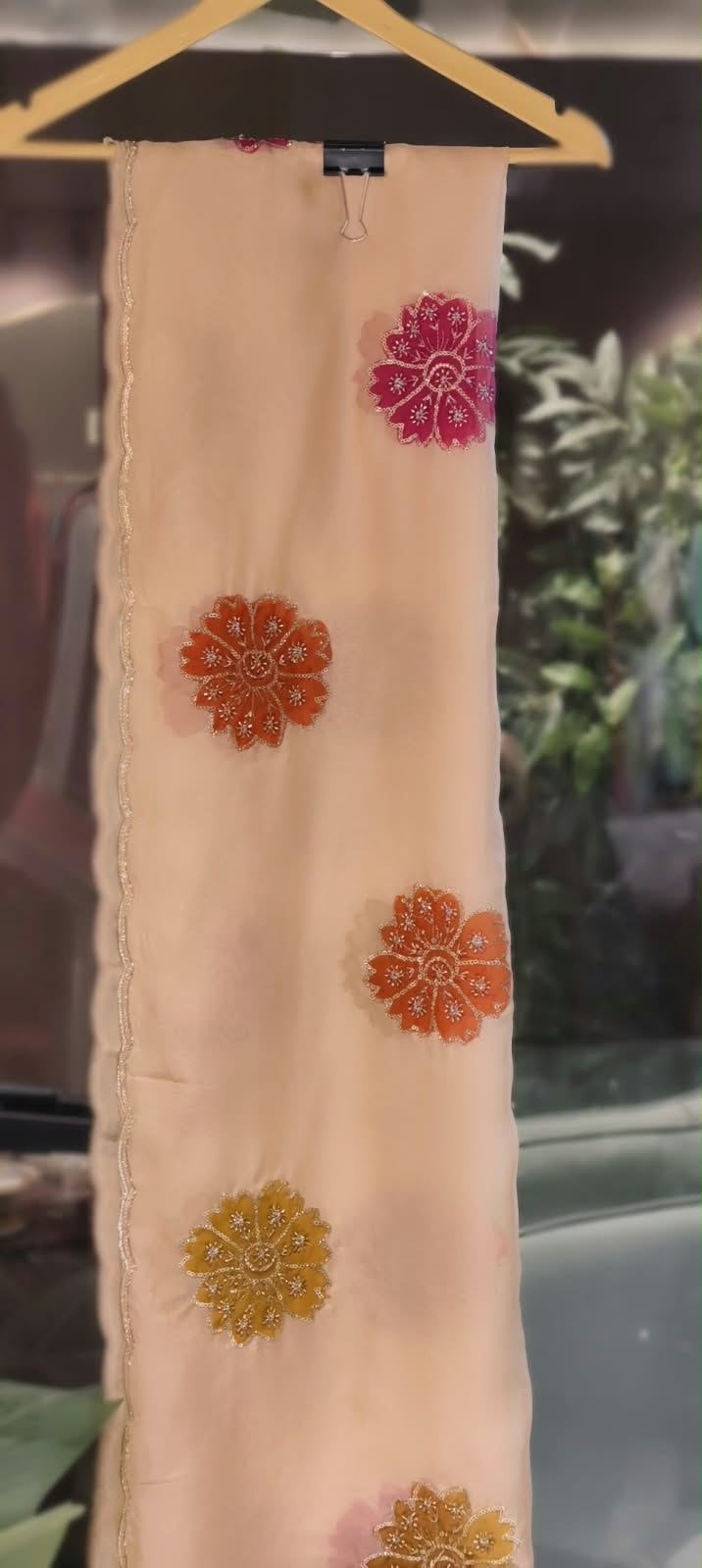 Soft-Tone Organza Dupatta with Multicolor Embroidered Floral Motifs- 16393