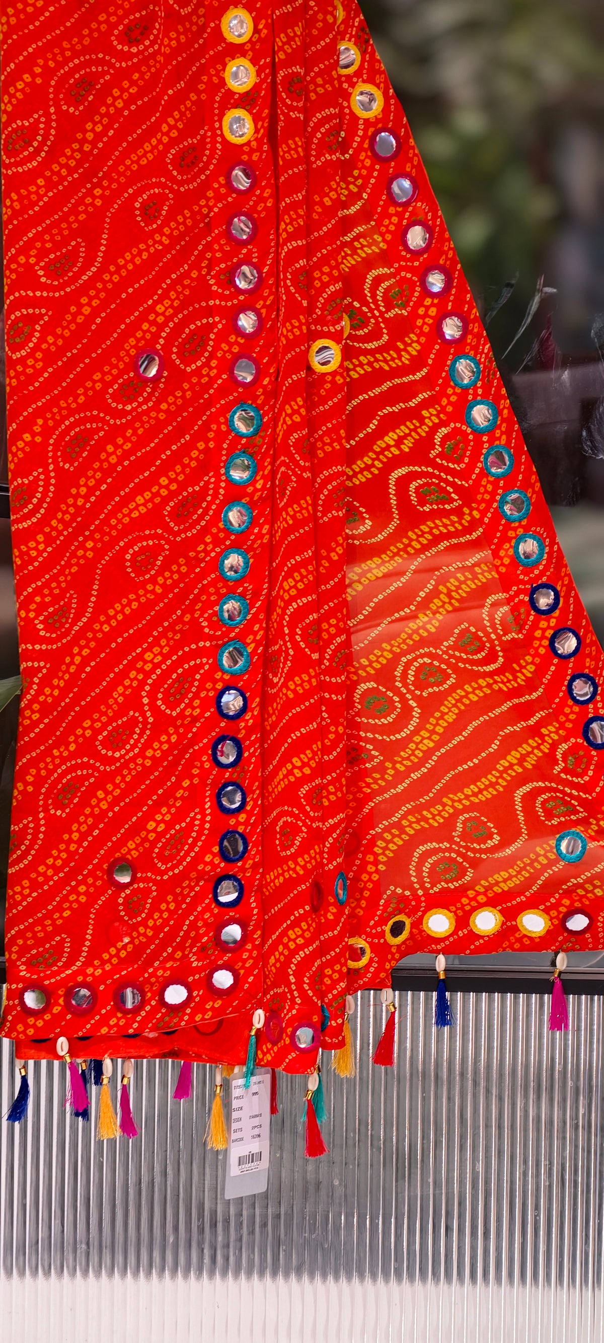 Bright Bandhani Printed Dupatta with Mirror Work & Colorful Tassels- 16396
