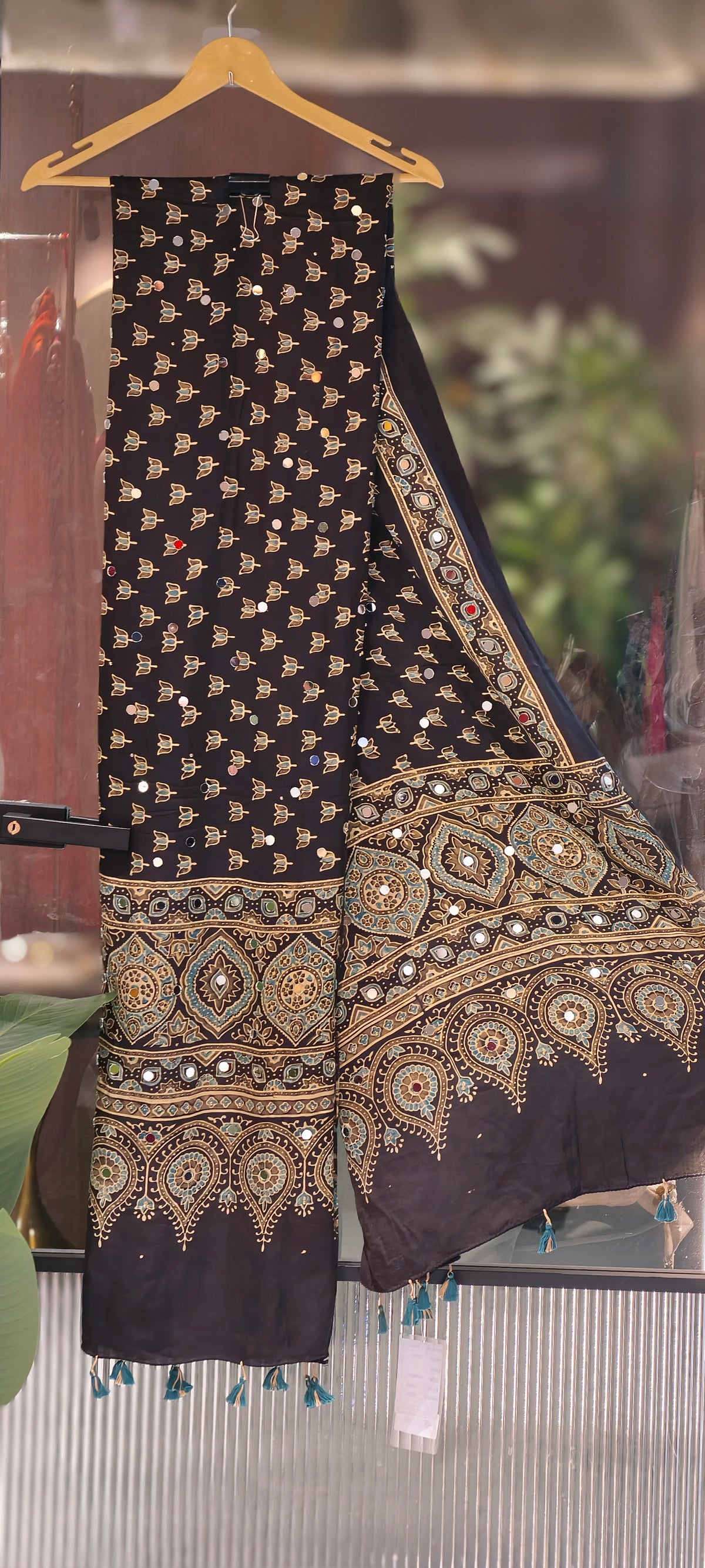 Real Mirror Work With Tassels Block Printed Garba Inspired Dupatta- 16398
