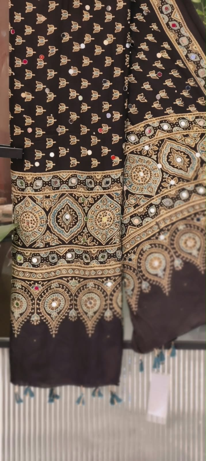 Real Mirror Work With Tassels Block Printed Garba Inspired Dupatta- 16398