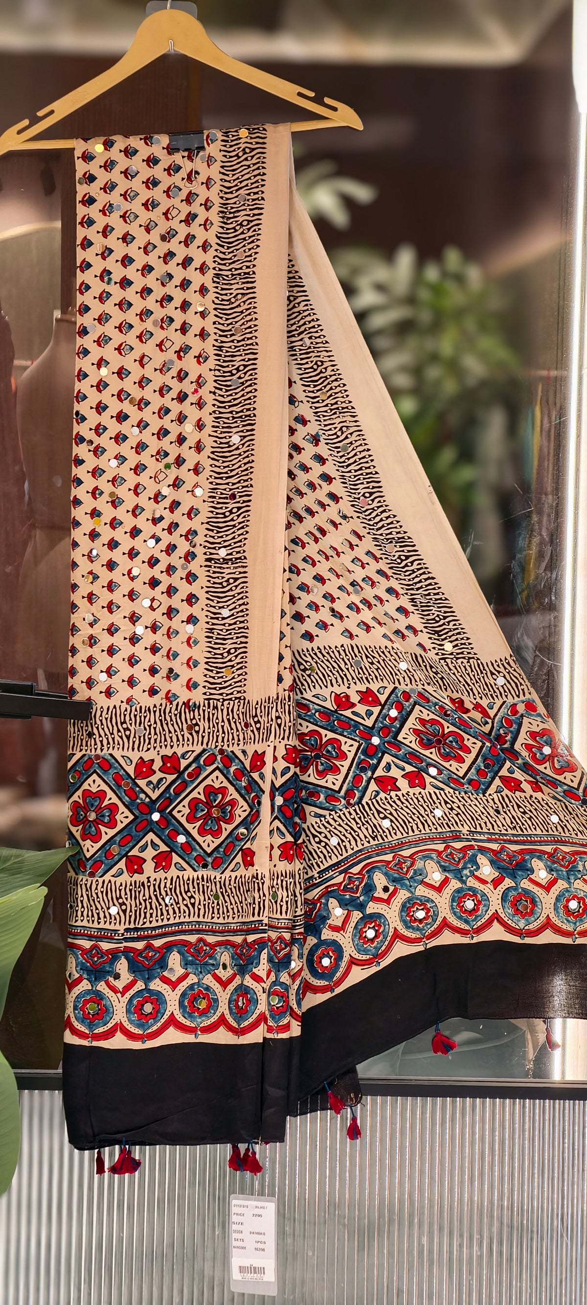 Real Mirror Work With Tassels Block Printed Garba Inspired Dupatta- 16398