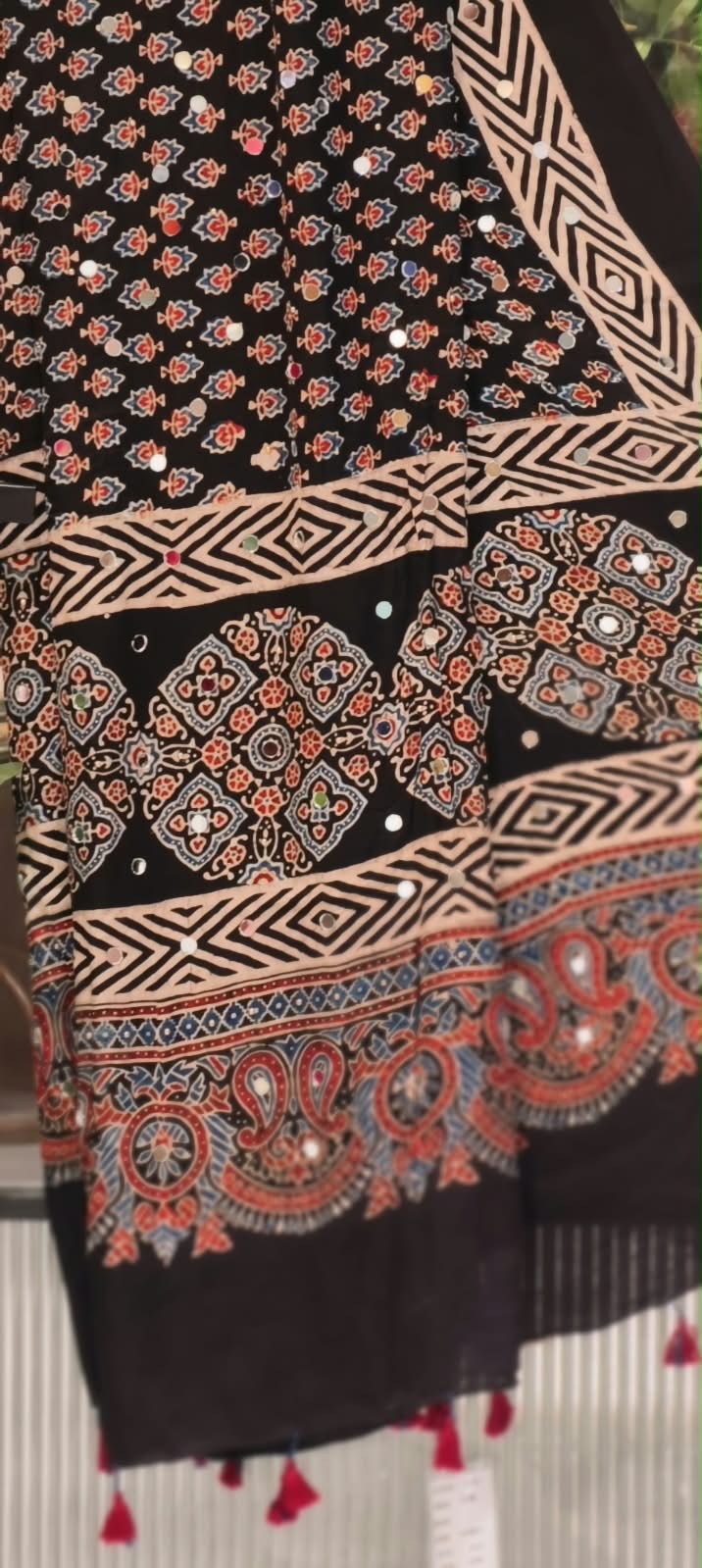 Real Mirror Work With Tassels Block Printed Garba Inspired Dupatta- 16398