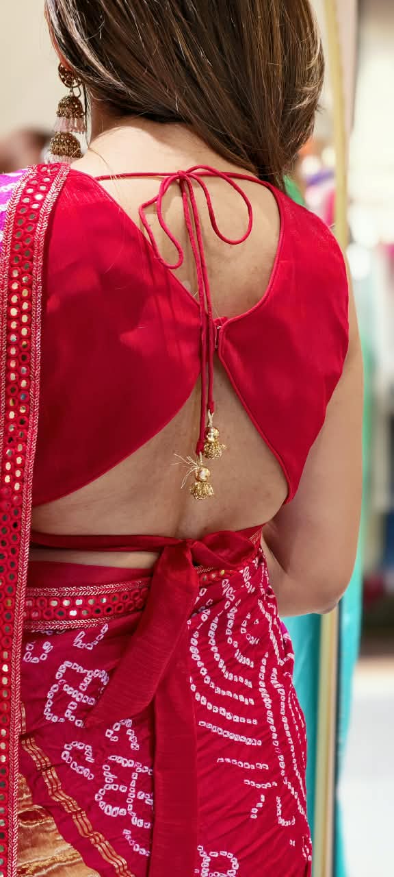 Hot Red Back Bow Style Pure Organza Stitched Blouse With Bandhej Printed Saree With Pearl Accented Tassel Bordered- 15083