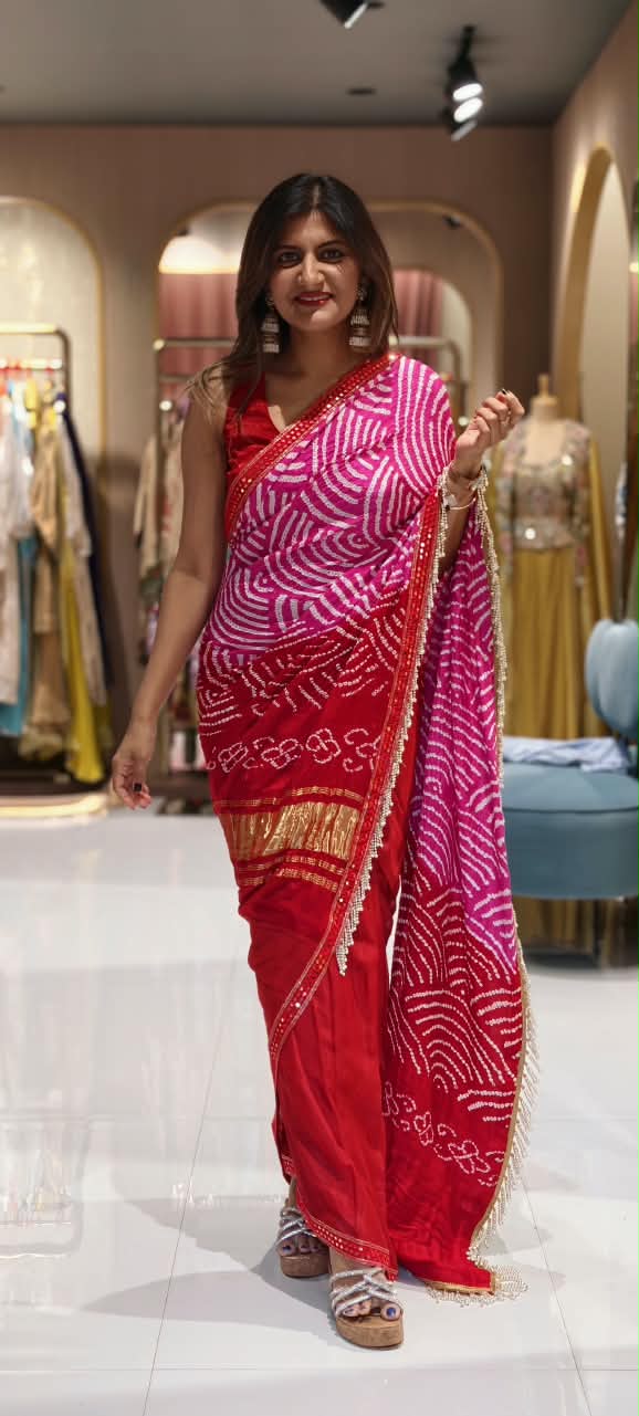 Hot Red Back Bow Style Pure Organza Stitched Blouse With Bandhej Printed Saree With Pearl Accented Tassel Bordered- 15083