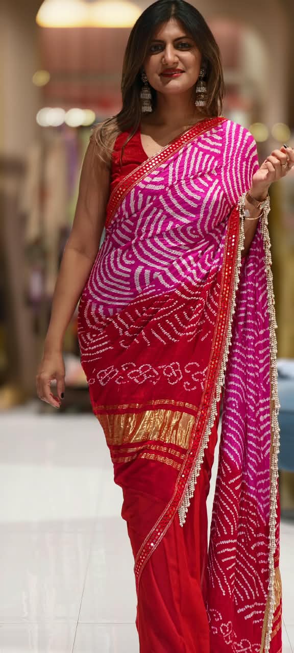Hot Red Back Bow Style Pure Organza Stitched Blouse With Bandhej Printed Saree With Pearl Accented Tassel Bordered- 15083
