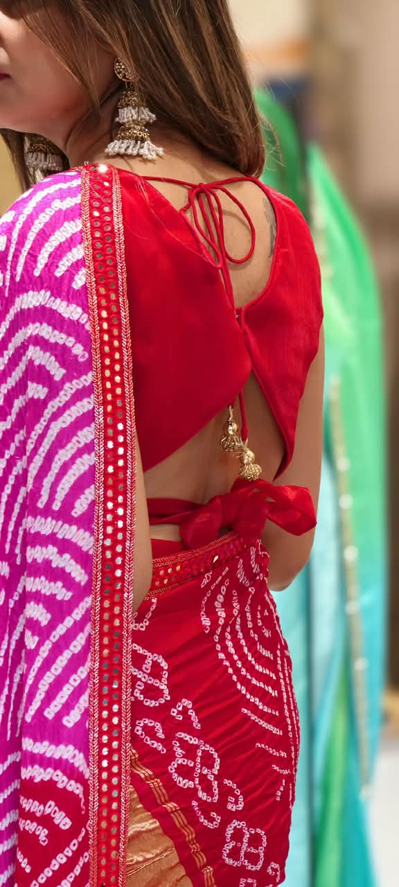Hot Red Back Bow Style Pure Organza Stitched Blouse With Bandhej Printed Saree With Pearl Accented Tassel Bordered- 15083