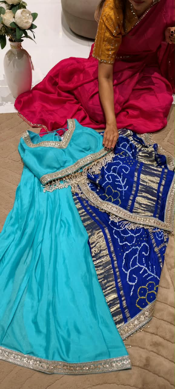 Zardosi Bordered Sleeveless Stitched Blouse With Bandhej Elegance Saree In Golden Touch & Heavy Pearl Dangles- 15084(Separate Sleeve)