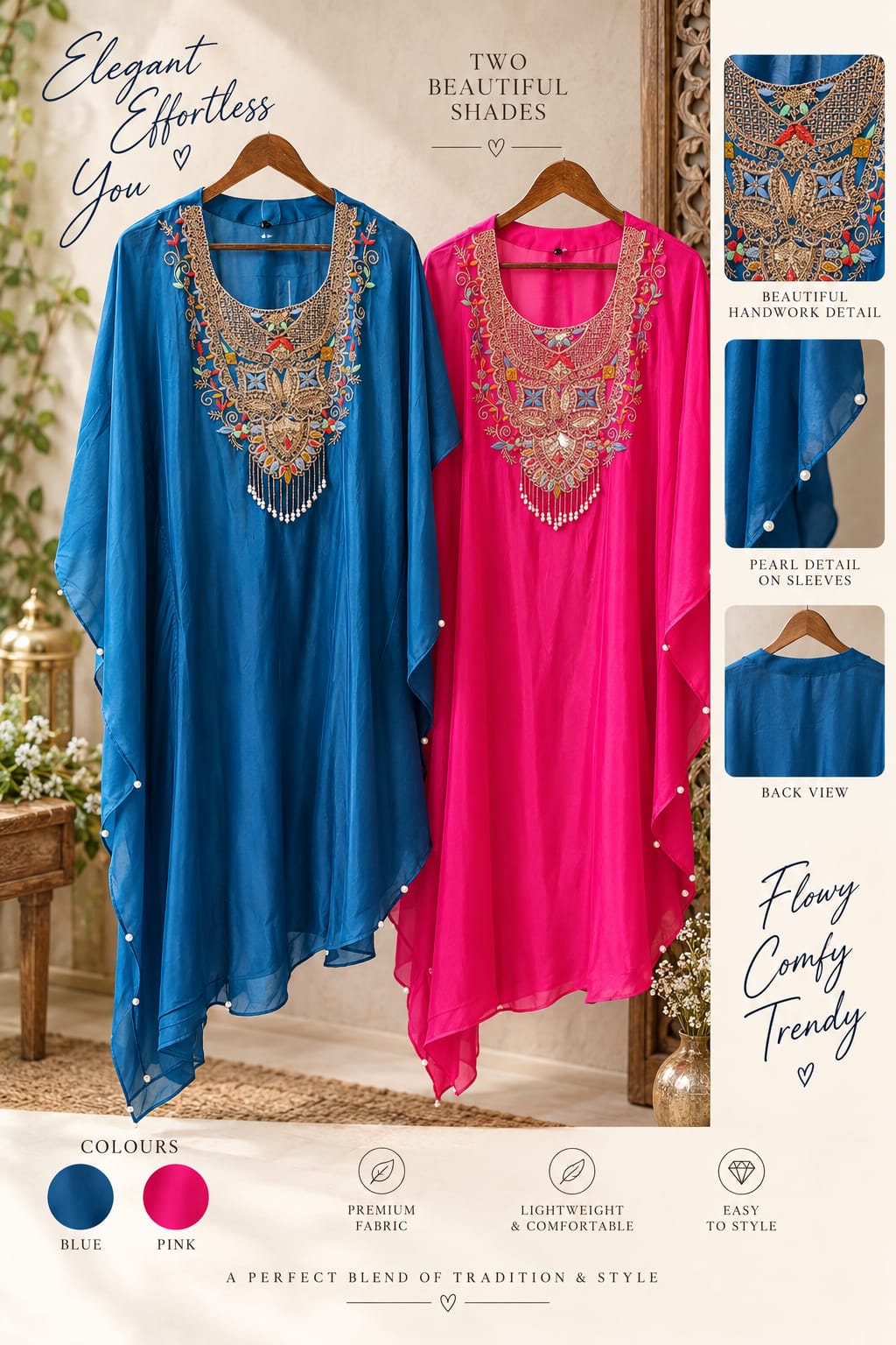 Multicolor Thread Zardosi Embroidery Yoke Flowy Crepe Kaftan With Matching Bottom- 16407
