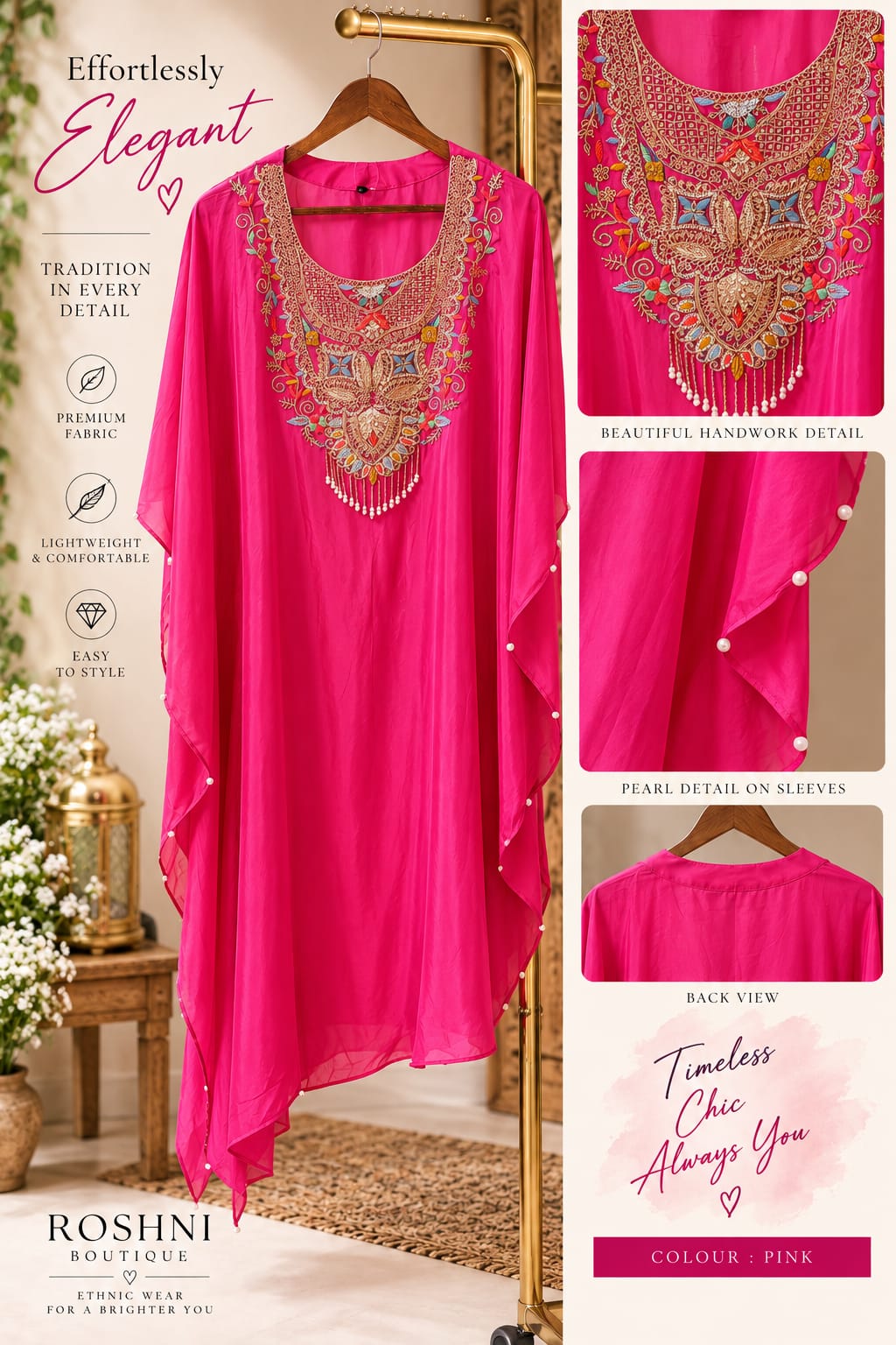 Multicolor Thread Zardosi Embroidery Yoke Flowy Crepe Kaftan With Matching Bottom- 16407