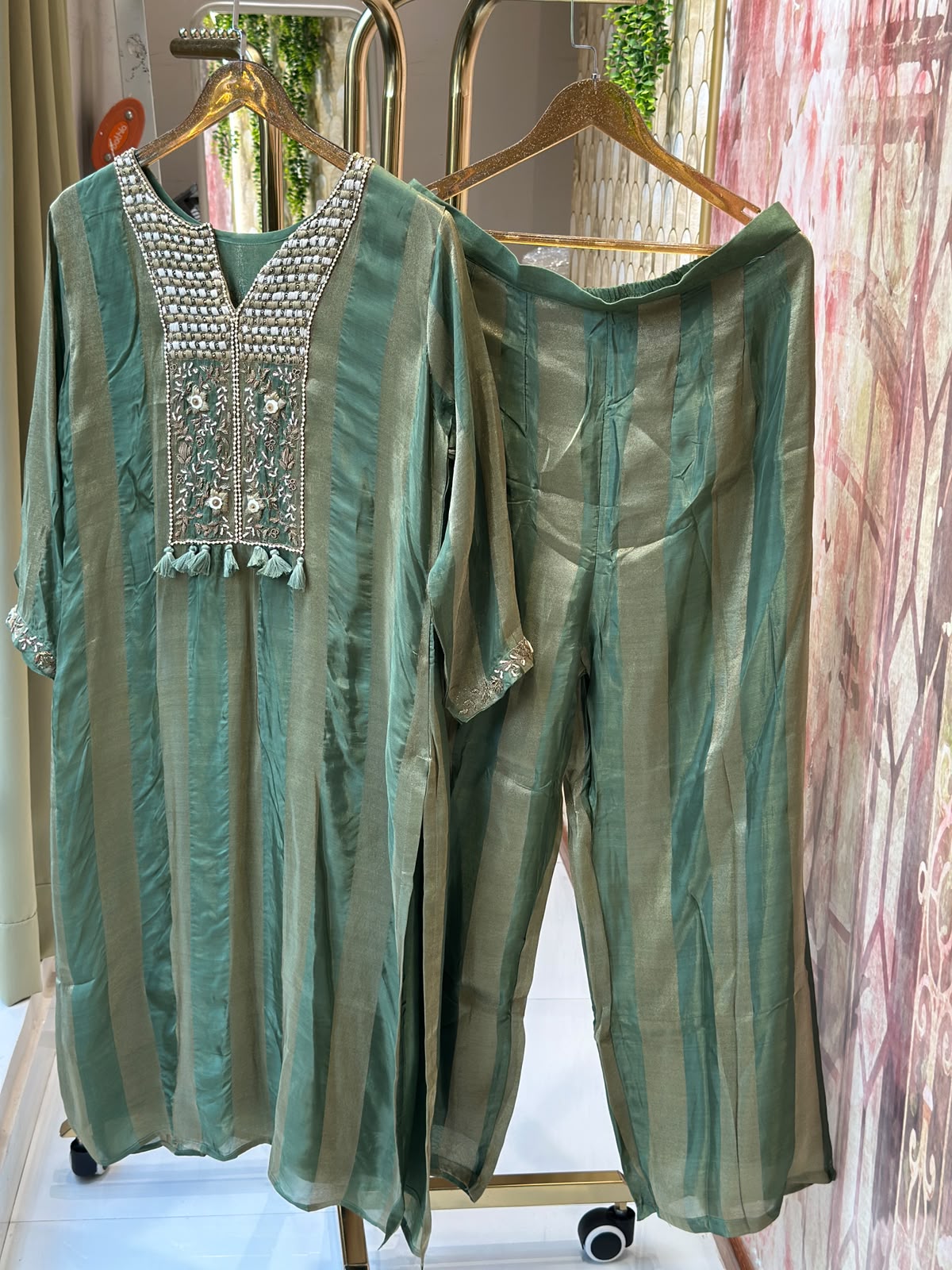 Boho Traditional Embroidery Yoke Golden Striped Tissue Matching Kurta Pant Set- 16416