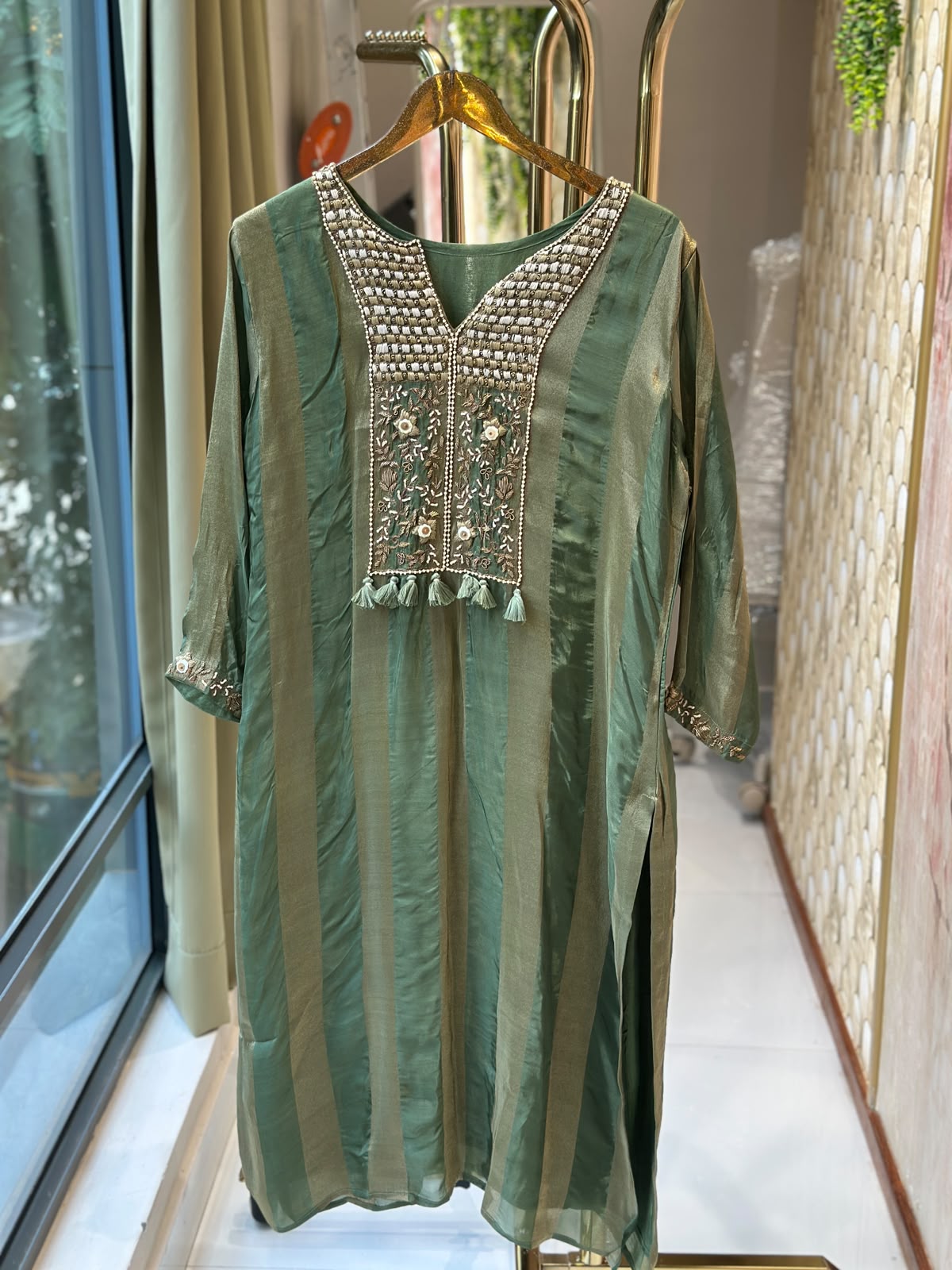 Boho Traditional Embroidery Yoke Golden Striped Tissue Matching Kurta Pant Set- 16416