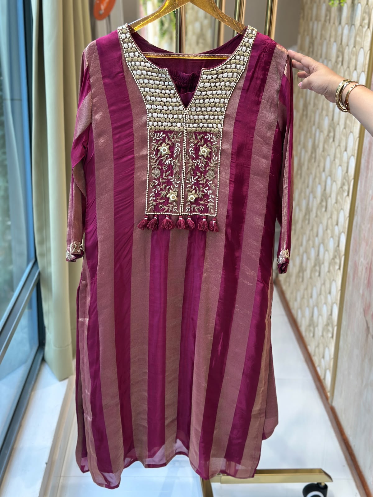 Boho Traditional Embroidery Yoke Golden Striped Tissue Matching Kurta Pant Set- 16416