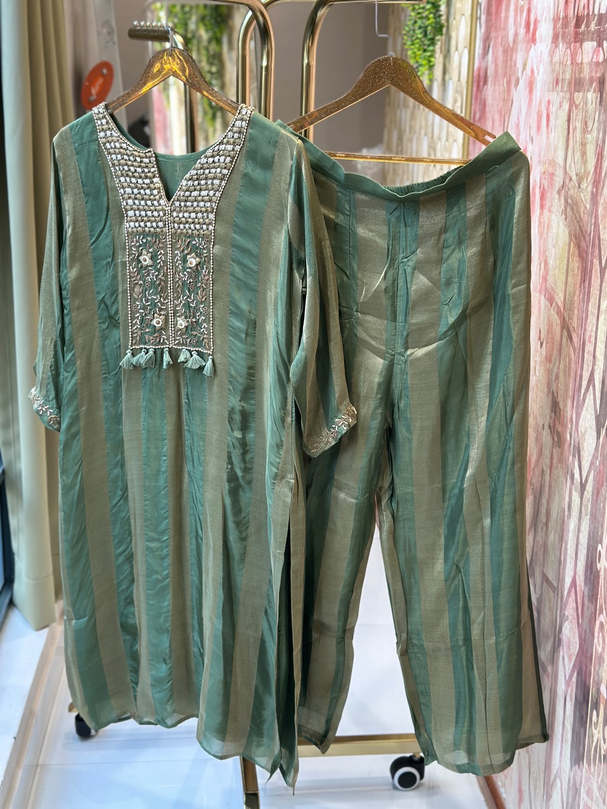 Boho Traditional Embroidery Yoke Golden Striped Tissue Matching Kurta Pant Set- 16416