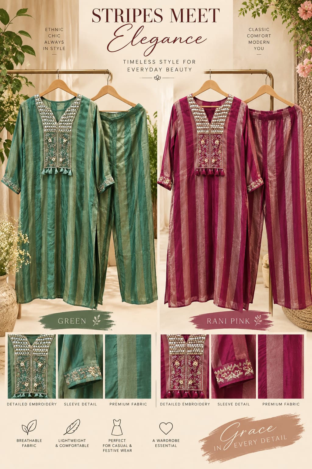 Boho Traditional Embroidery Yoke Golden Striped Tissue Matching Kurta Pant Set- 16416