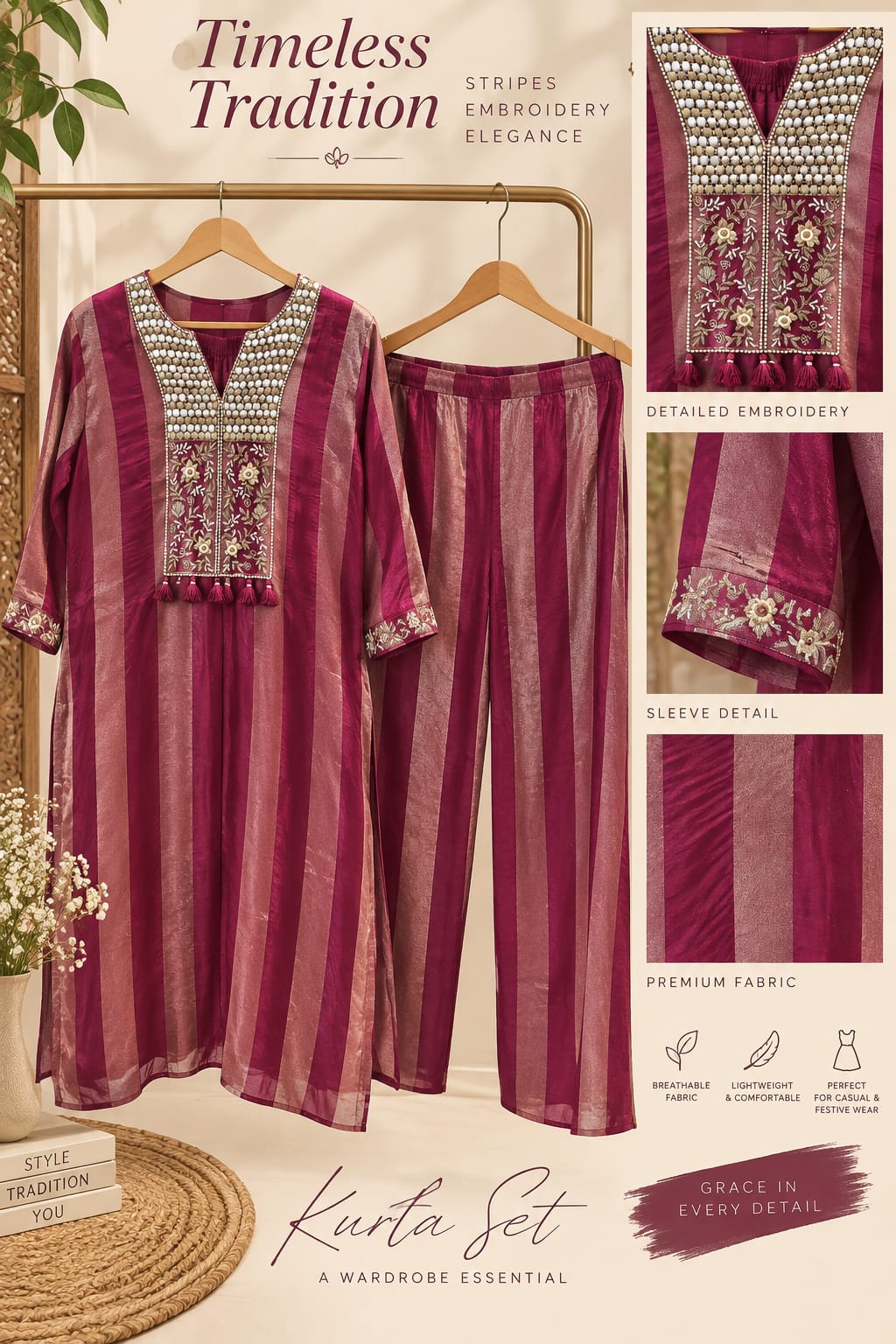 Boho Traditional Embroidery Yoke Golden Striped Tissue Matching Kurta Pant Set- 16416