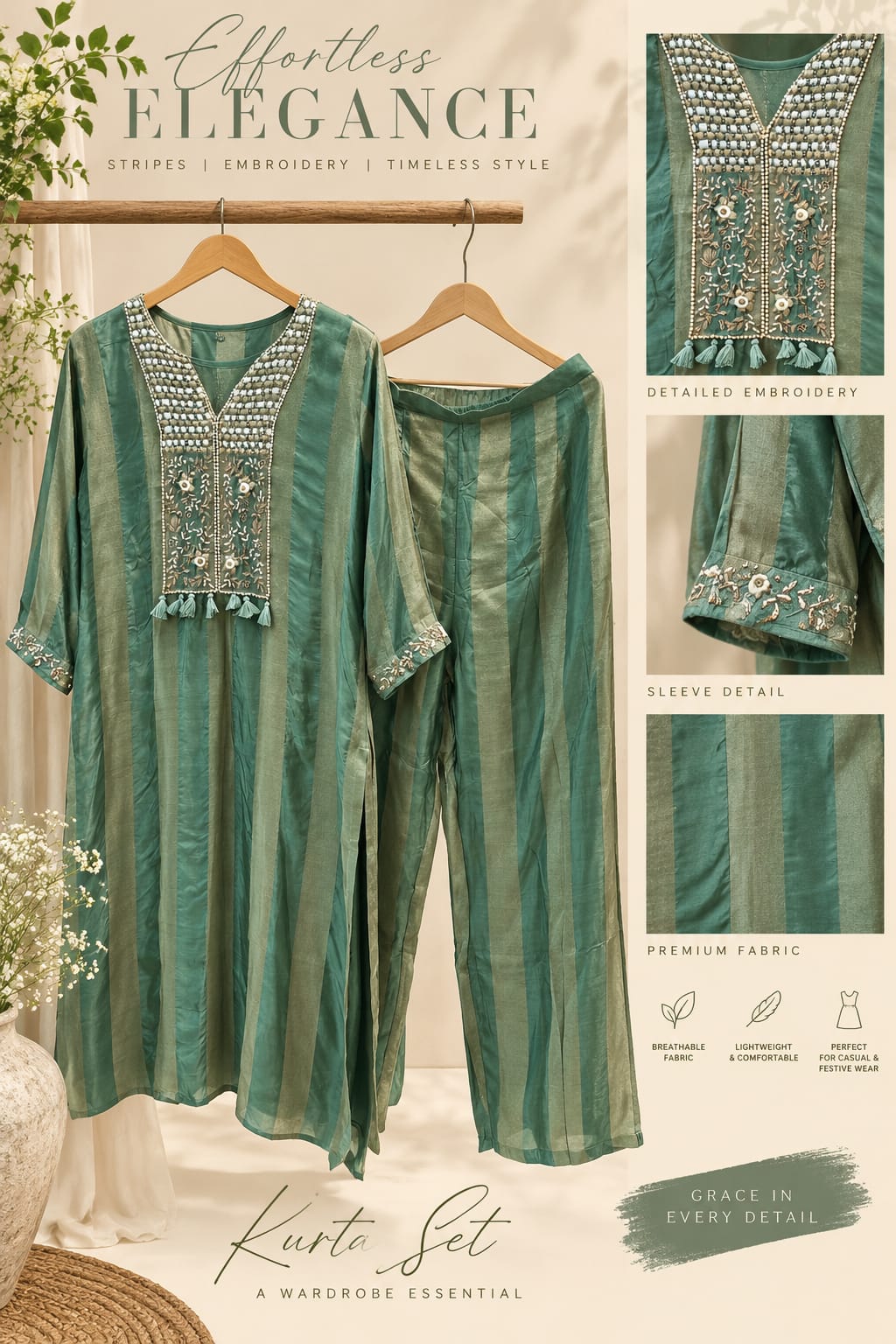 Boho Traditional Embroidery Yoke Golden Striped Tissue Matching Kurta Pant Set- 16416