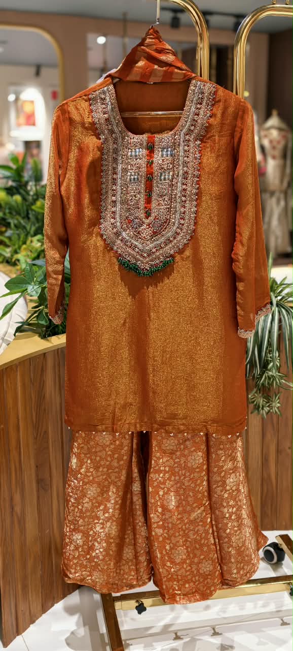 Designer Bold Embroidery Beaded Yoke Tissue Full Suit Set With Striped Dupatta & Brocade Panel Loose Bottom- 16400