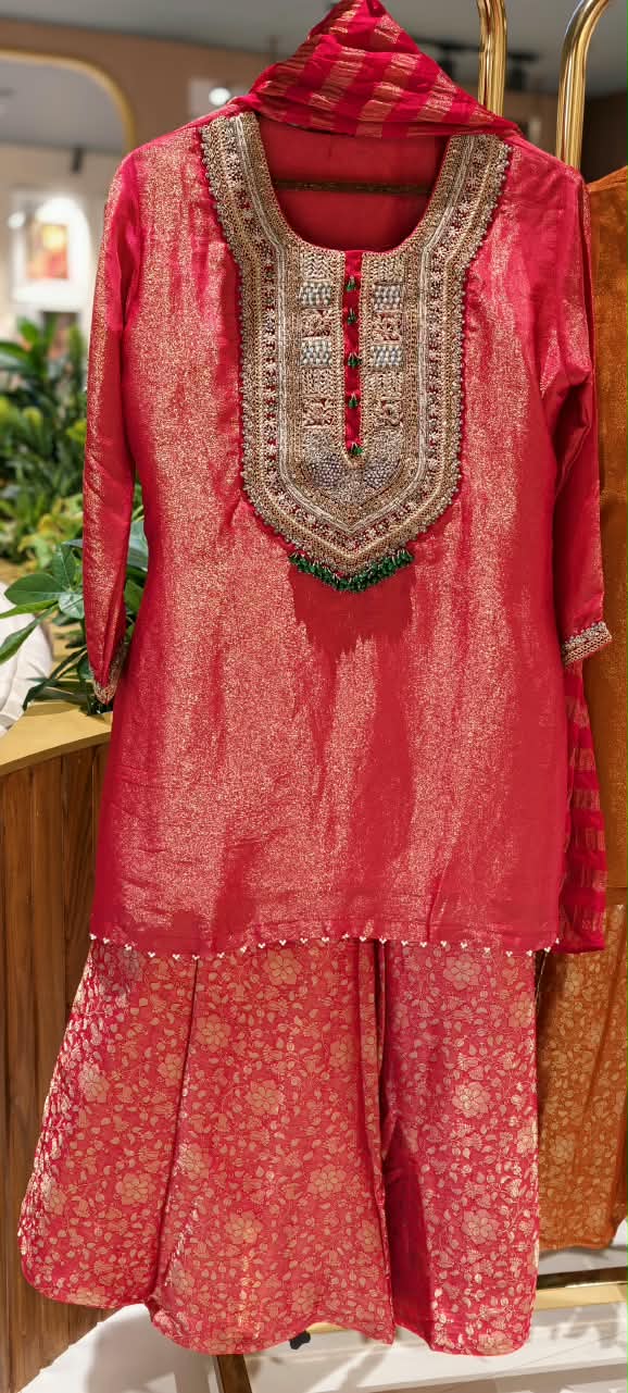 Designer Bold Embroidery Beaded Yoke Tissue Full Suit Set With Striped Dupatta & Brocade Panel Loose Bottom- 16400