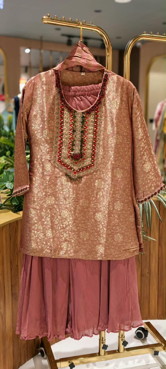 Sheer Brocade Vibrant Beaded Highlights Front Design Full Suit Set With Striped Dupatta & Chinon Palazzo Bottom- 16399