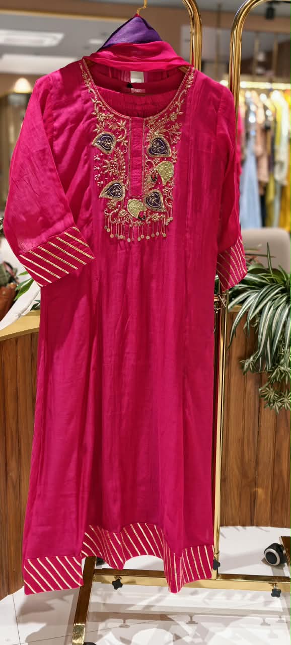 Leaf Embroidered Yoke With Sequin Highlights & Tassels A-Line Mul-Chanderi Full Suit Set With Dupatta- 16433