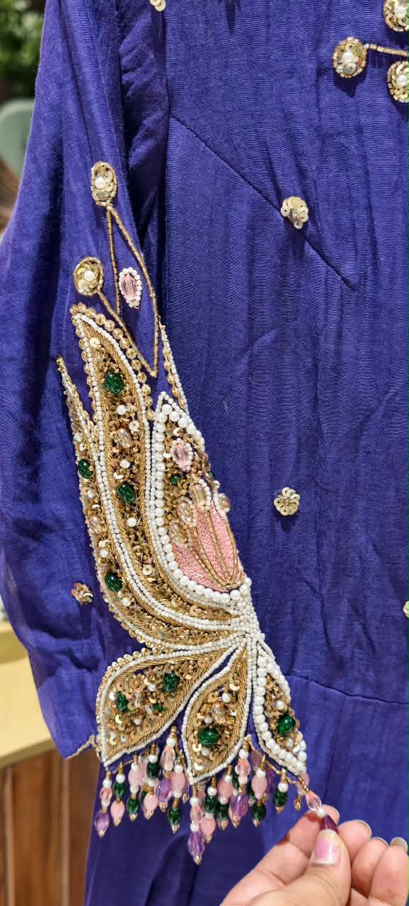 Subtle Beads & Booti Motifs Angrakha Mul-Chanderi Anarkali Full Suit Set With Dupatta With Heavy Crystal Dangles- 16434