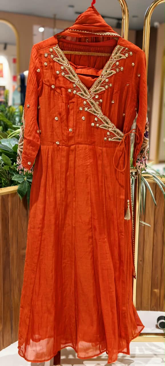 Subtle Beads & Booti Motifs Angrakha Mul-Chanderi Anarkali Full Suit Set With Dupatta With Heavy Crystal Dangles- 16434