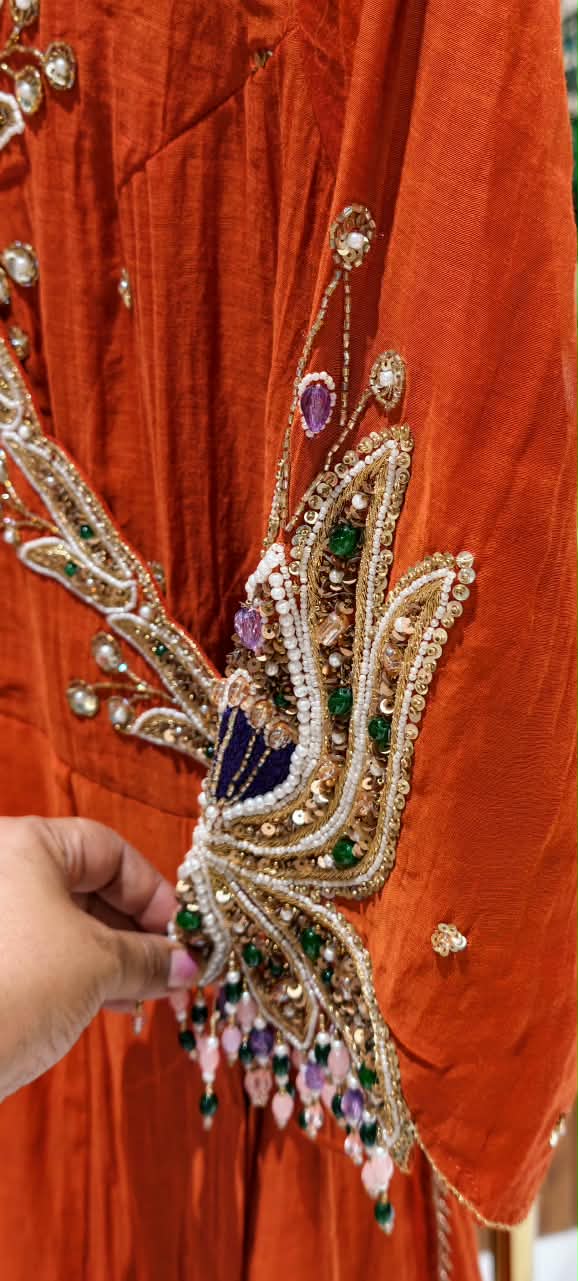 Subtle Beads & Booti Motifs Angrakha Mul-Chanderi Anarkali Full Suit Set With Dupatta With Heavy Crystal Dangles- 16434