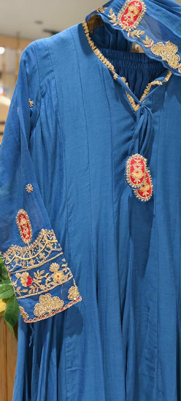 Golden Gotta Ribbon Moti & Sitara Detailing Panel Anarkali Full Suit Set With Dupatta- 16426