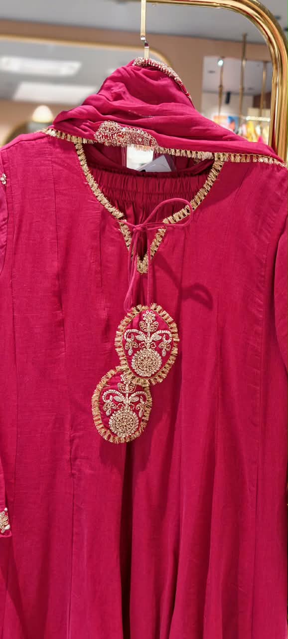Golden Gotta Ribbon Moti & Sitara Detailing Panel Anarkali Full Suit Set With Dupatta- 16426