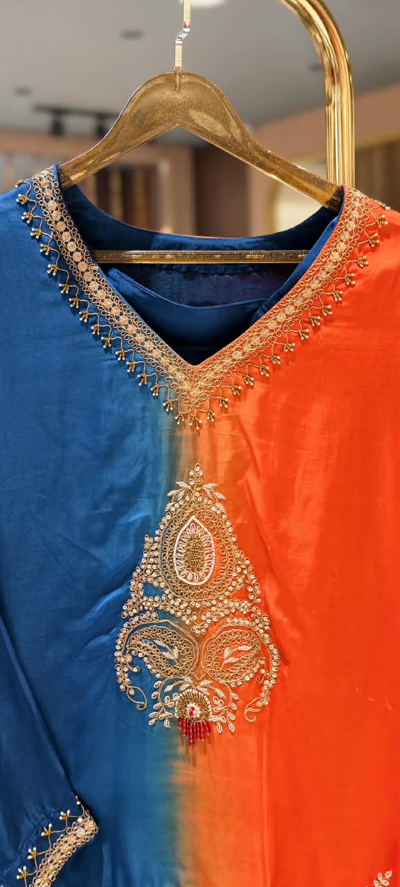 Delicate Zardosi Kundan Look Embroidered Work Twin Contrasted Indo-Wear High-Low Kurta With Drape Bottom- 16415