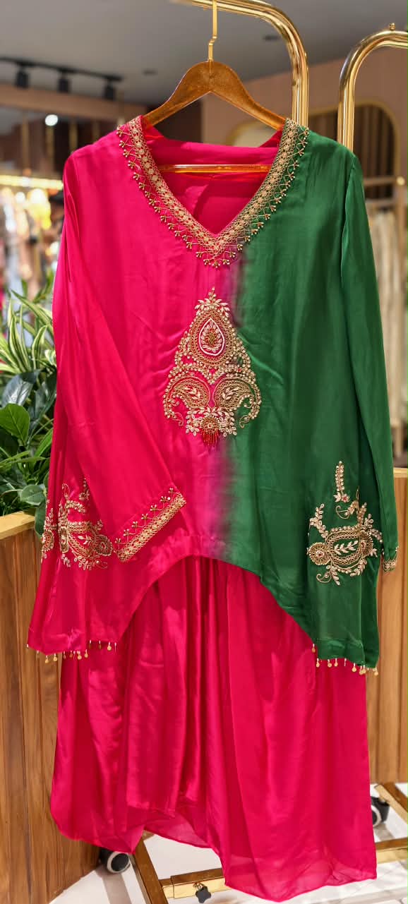 Delicate Zardosi Kundan Look Embroidered Work Twin Contrasted Indo-Wear High-Low Kurta With Drape Bottom- 16415