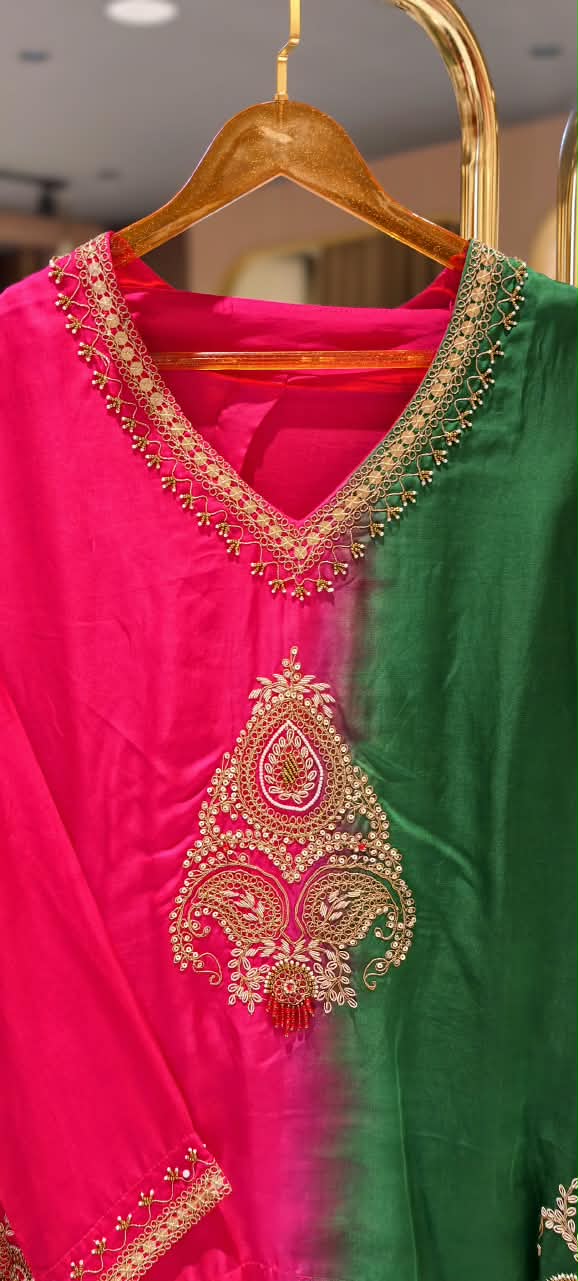 Delicate Zardosi Kundan Look Embroidered Work Twin Contrasted Indo-Wear High-Low Kurta With Drape Bottom- 16415