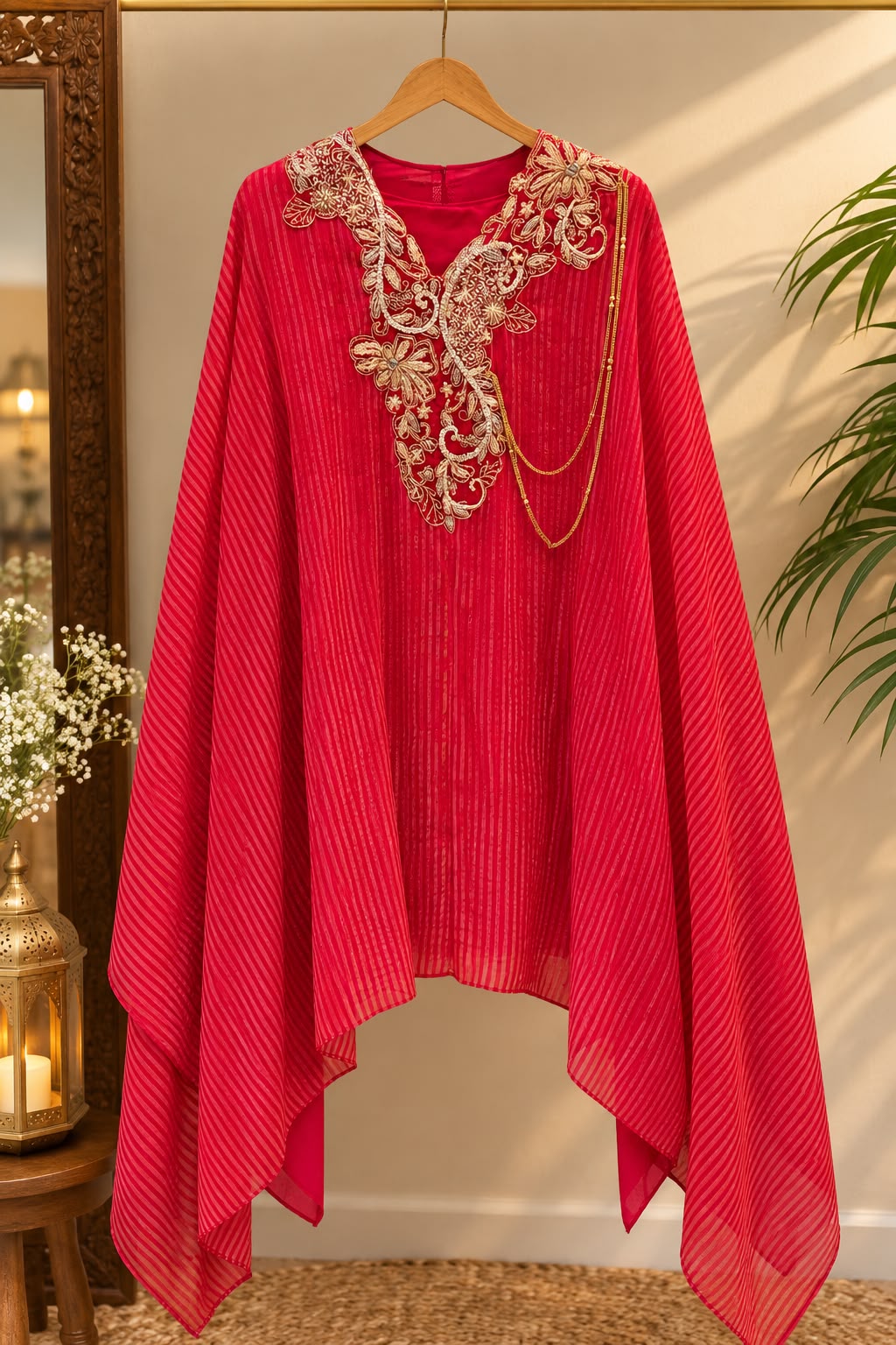 Elegant Dabka Embroidered Yoke With Stylish Chain Accent Striped Kaftan With Harem Bottom Indo-Wear- 16414