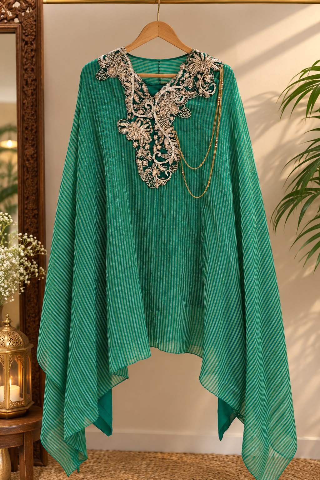 Elegant Dabka Embroidered Yoke With Stylish Chain Accent Striped Kaftan With Harem Bottom Indo-Wear- 16414