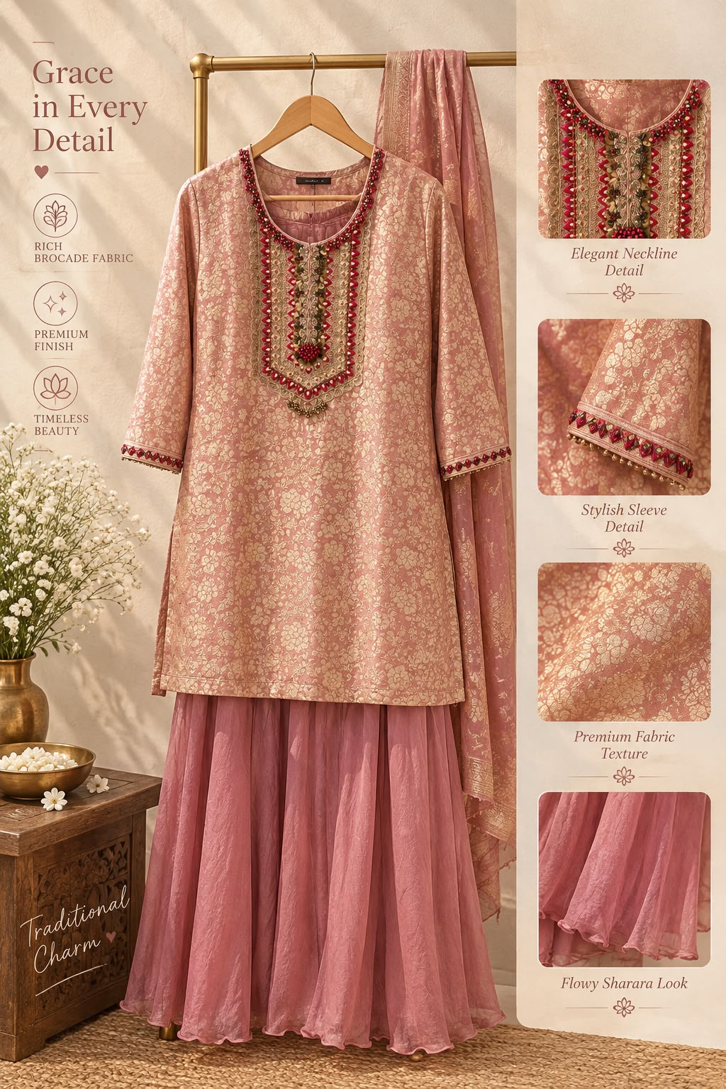 Sheer Brocade Vibrant Beaded Highlights Front Design Full Suit Set With Striped Dupatta & Chinon Palazzo Bottom- 16399