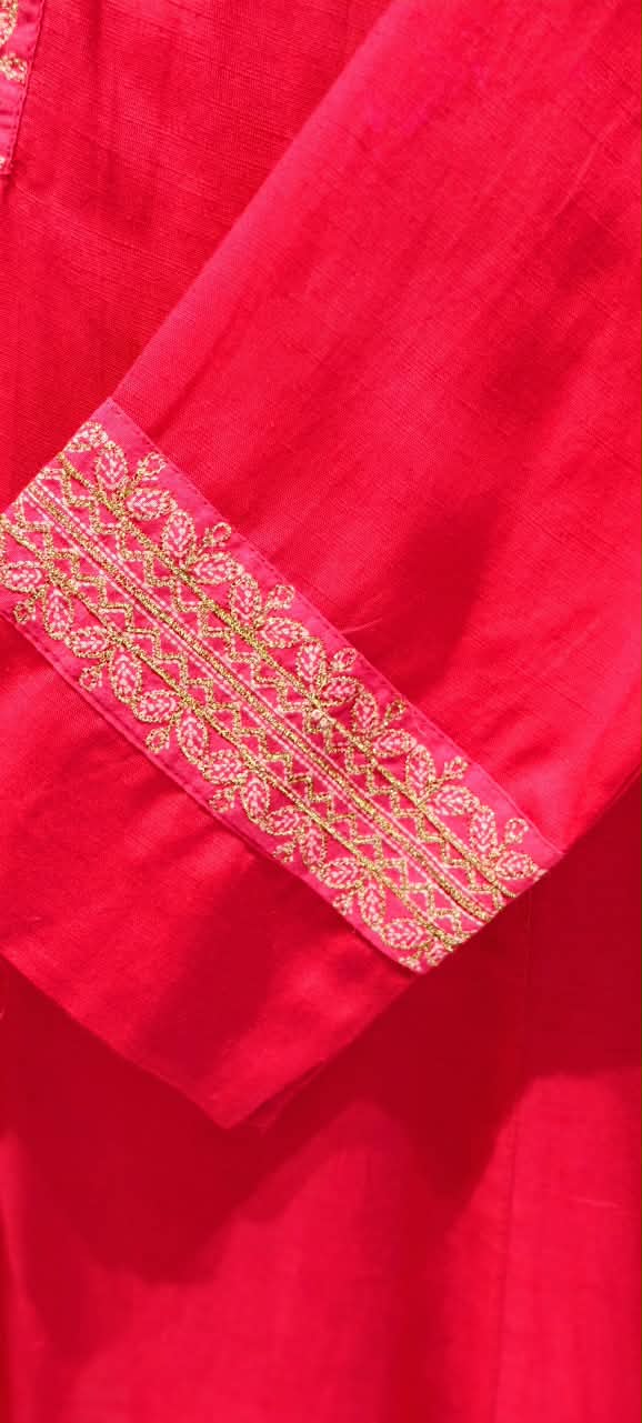 Fuschia Pink Minimal Neckline Embroidery A-Line Kurta Pant Set- 15819