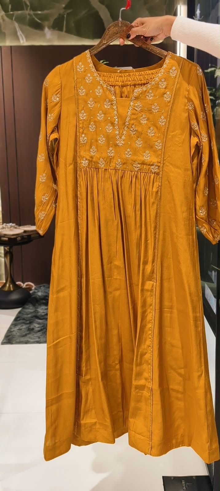 Mustard & Fuschia Delicate Golden Embeoidery Yoke Pleated A-Line Kurta Pant Set- 16422