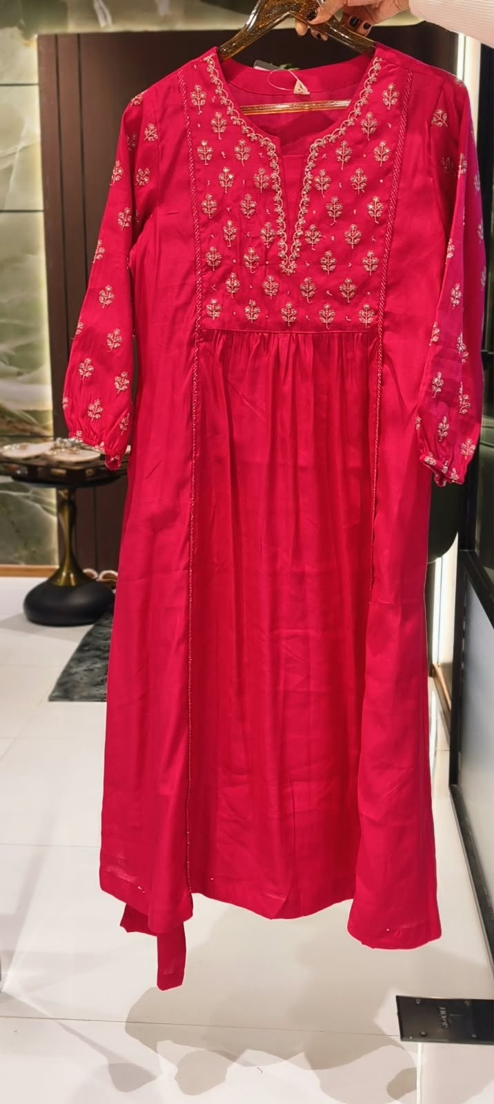 Mustard & Fuschia Delicate Golden Embeoidery Yoke Pleated A-Line Kurta Pant Set- 16422