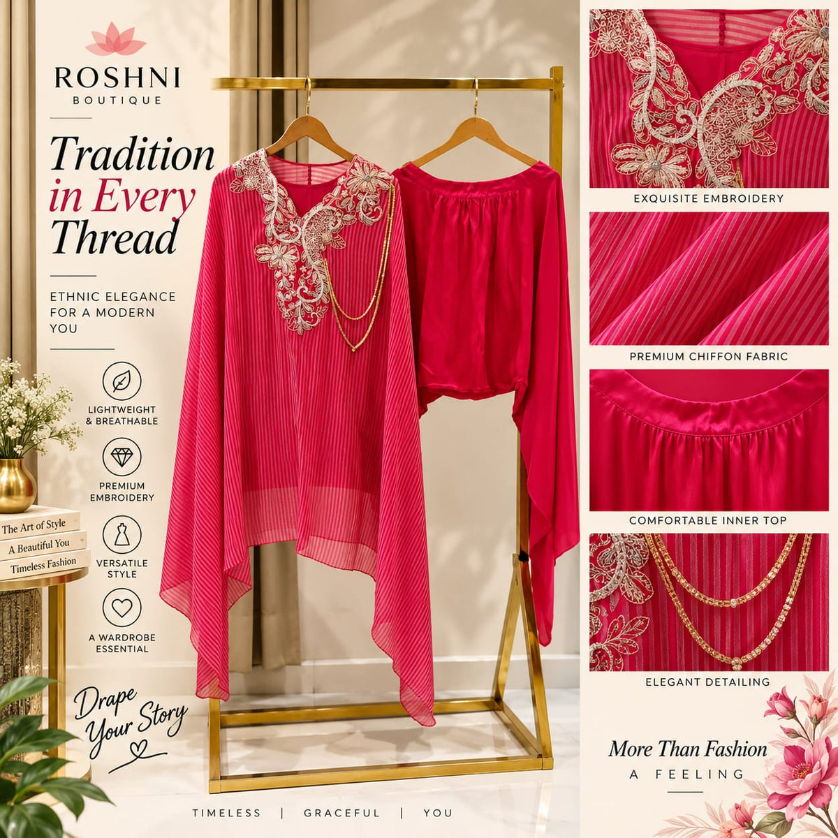 Elegant Dabka Embroidered Yoke With Stylish Chain Accent Striped Kaftan With Harem Bottom Indo-Wear- 16414