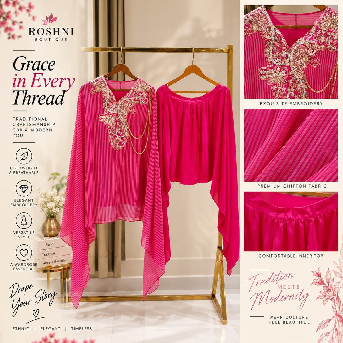 Elegant Dabka Embroidered Yoke With Stylish Chain Accent Striped Kaftan With Harem Bottom Indo-Wear- 16414