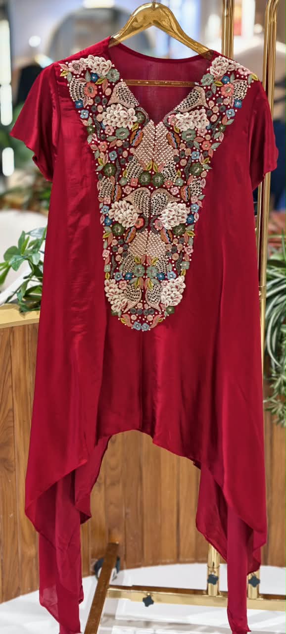 Popped 3D Multicolor Floral Embroidery Designer Look Indo-Wear High-Low Kurta With Dhoti Botttom- 16417