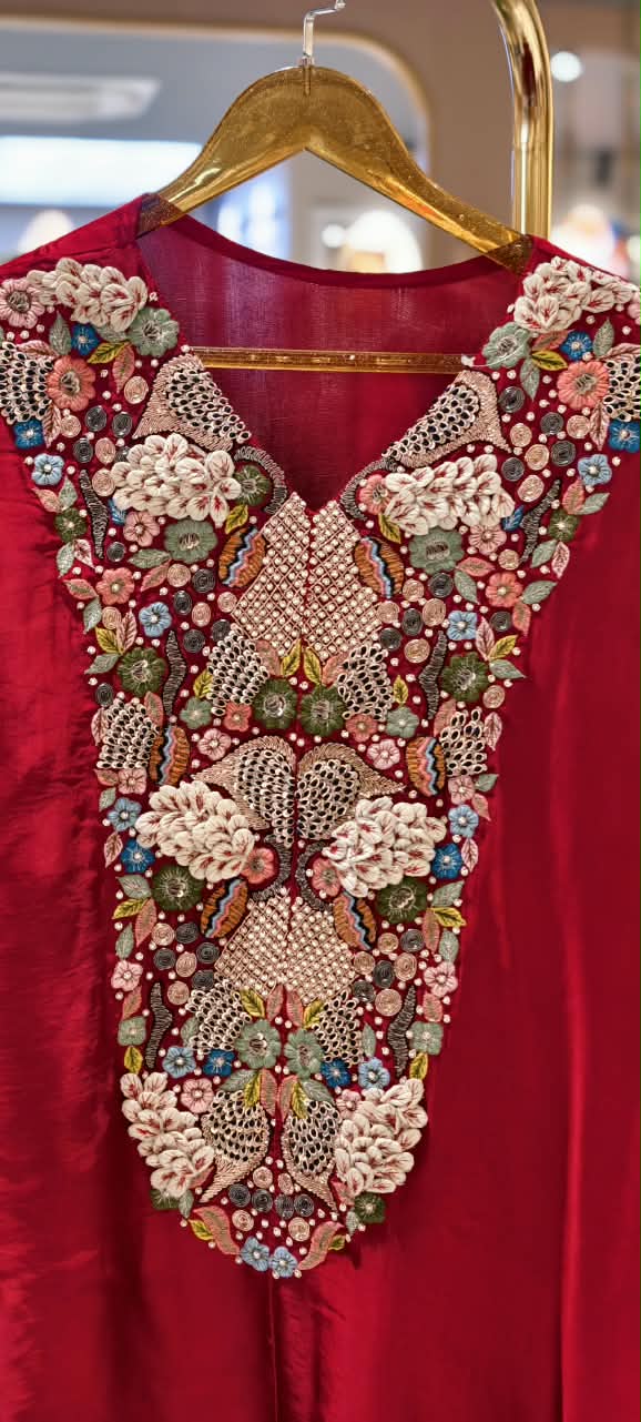 Popped 3D Multicolor Floral Embroidery Designer Look Indo-Wear High-Low Kurta With Dhoti Botttom- 16417