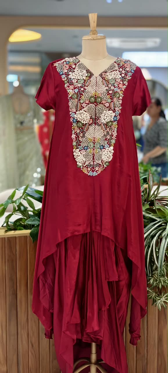 Popped 3D Multicolor Floral Embroidery Designer Look Indo-Wear High-Low Kurta With Dhoti Botttom- 16417